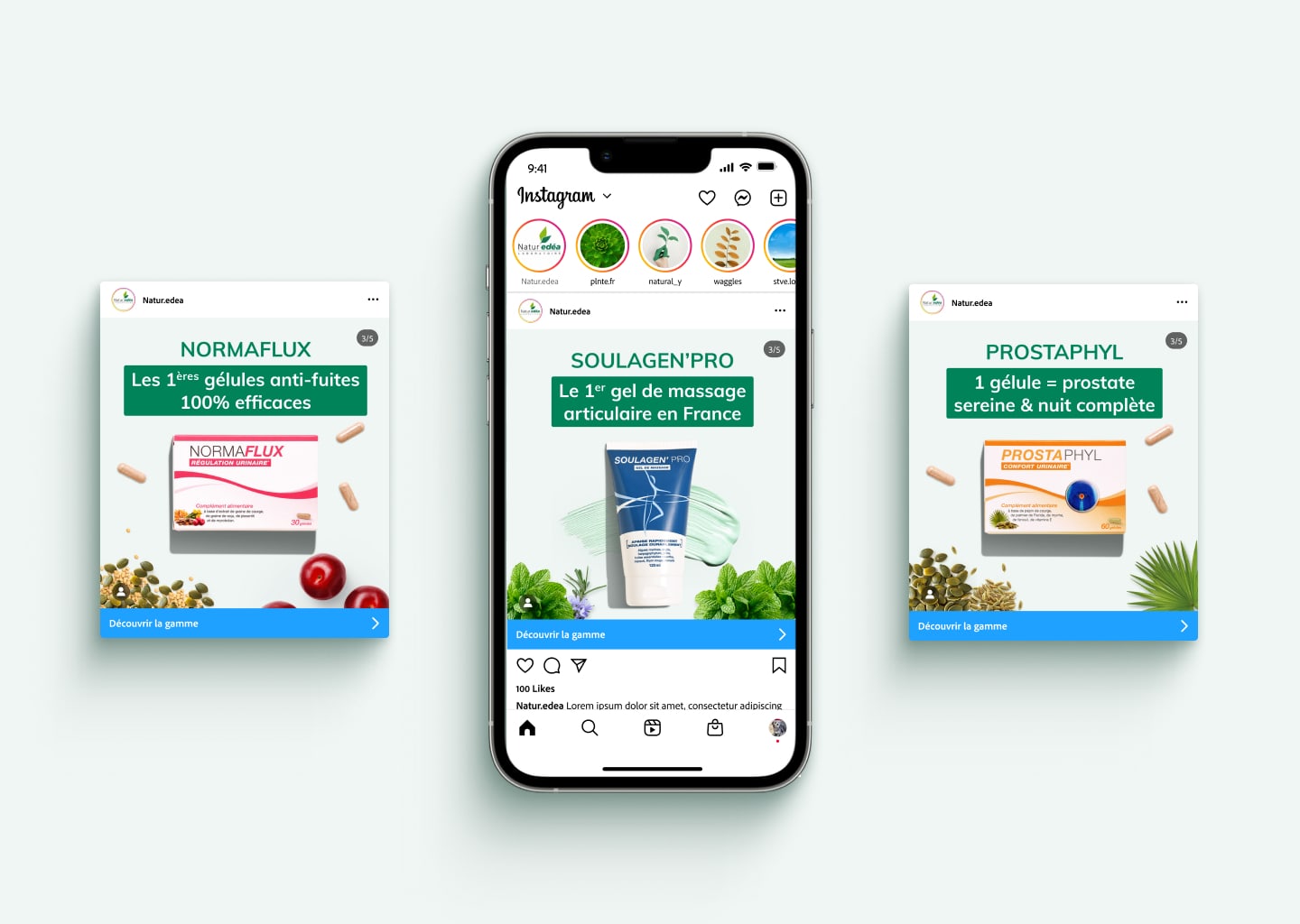 Présentation de visuels faisant la promotion de différents produits de la marque Naturédéa. Ambiance douce et naturelle.
