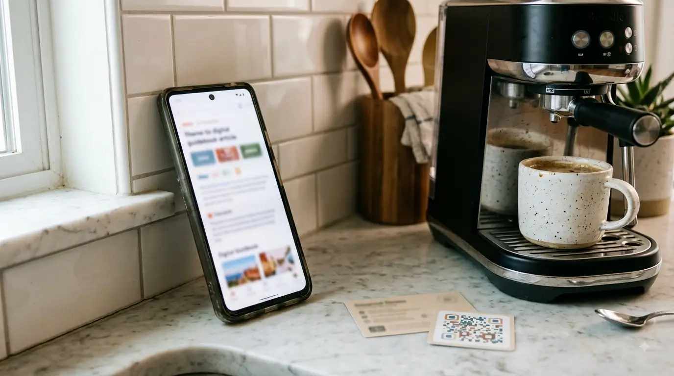A phone showing a digital guidebook article on a kitchen counter beside a coffee machine and a QR card.