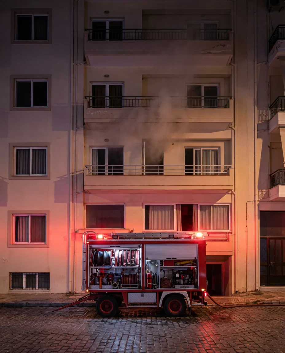 Nighttime view of a residential apartment building in Heraklion with subtle signs of a small fire incident and emergency response atmosphere