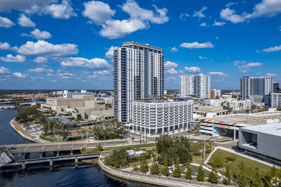 Aerial view of AER Tampa showing mixed-use development in River Arts District with waterfront location