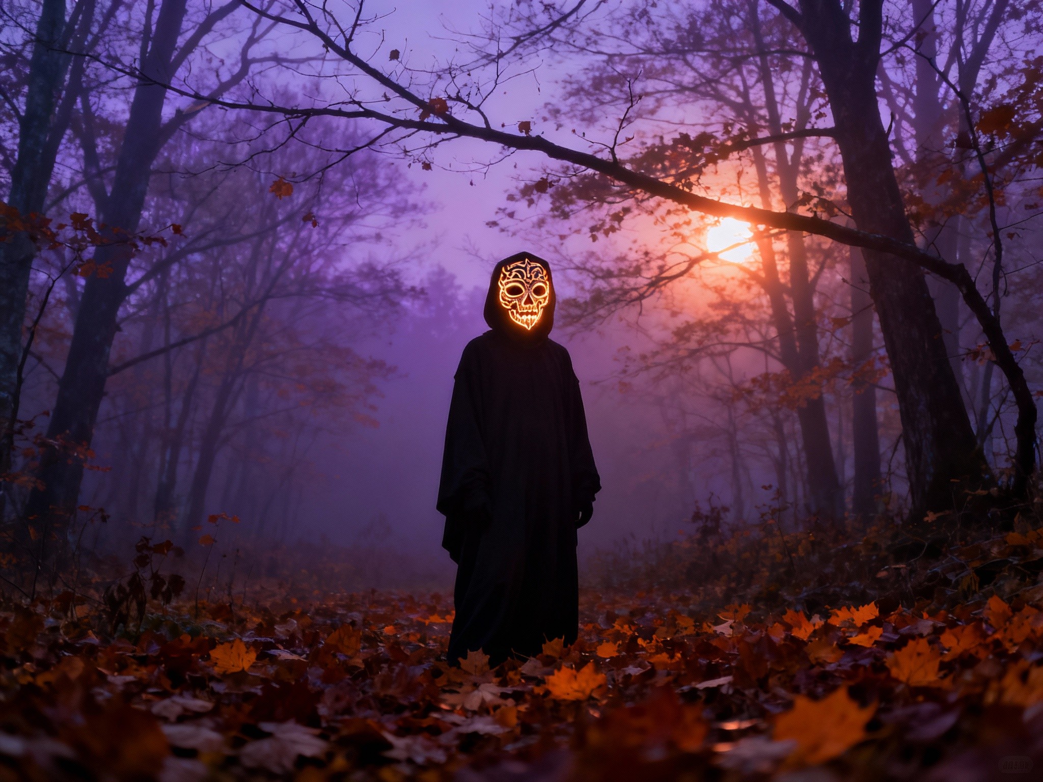 An expansive wide-angle shot of a foggy autumn forest at twilight, featuring a mysterious figure