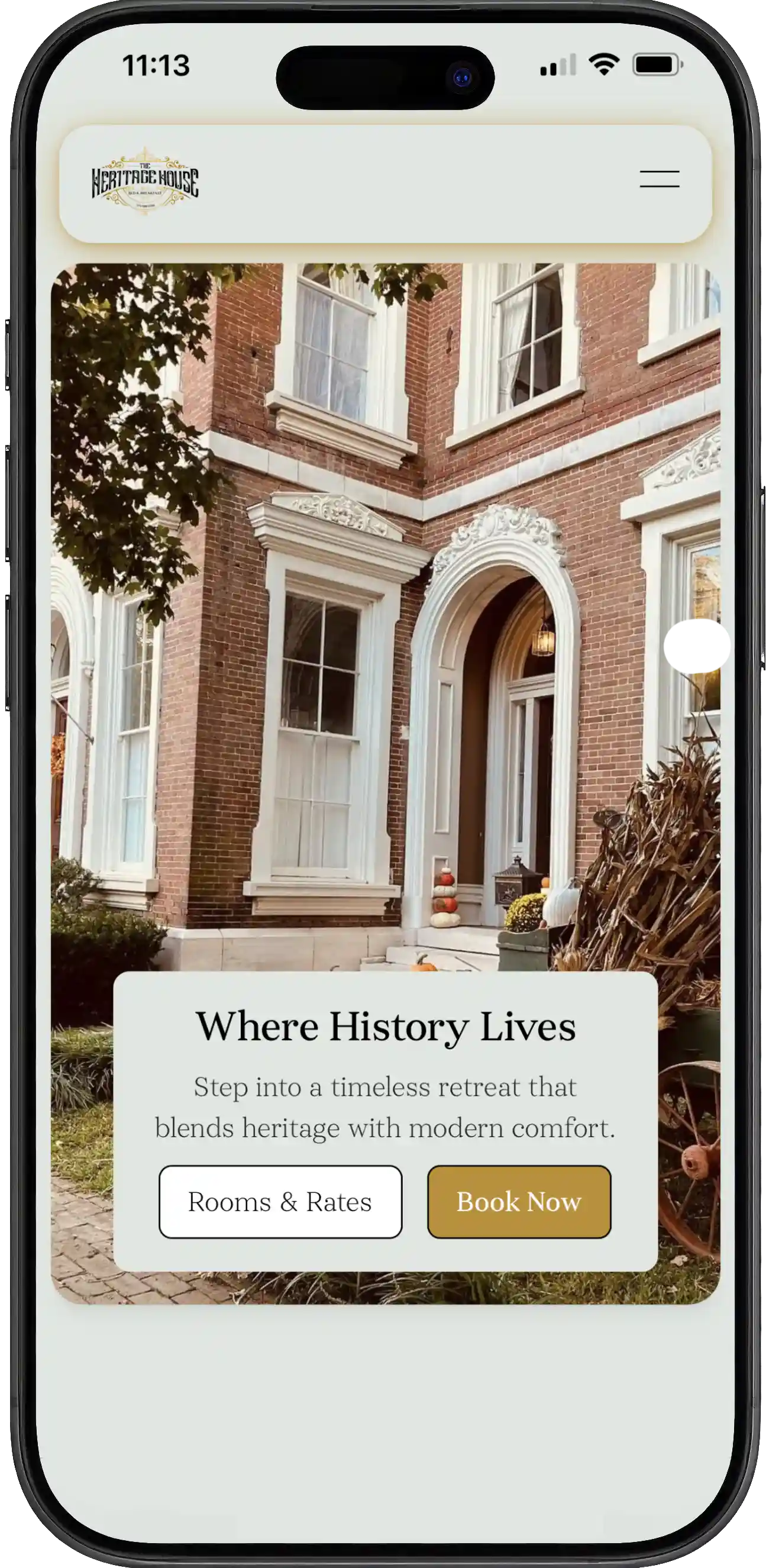 iPhone mockup of bed and breakfast website for Heritage House in Russellville KY – elegant mobile design by local Russellville web developer