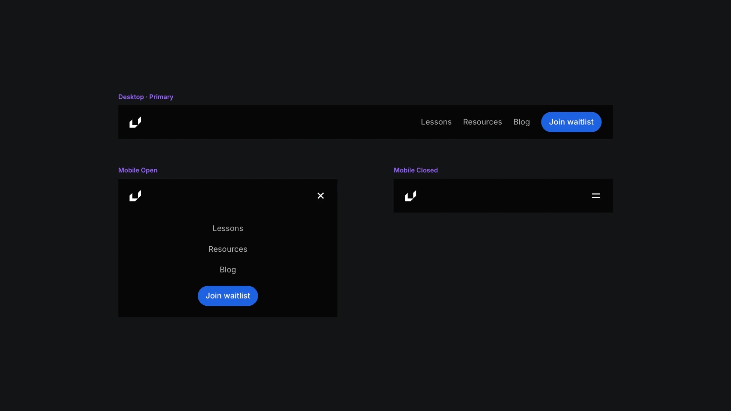 Comparison of website navigation menus in desktop and mobile formats showing open and closed states, with a black background and options for lessons, resources, and blog