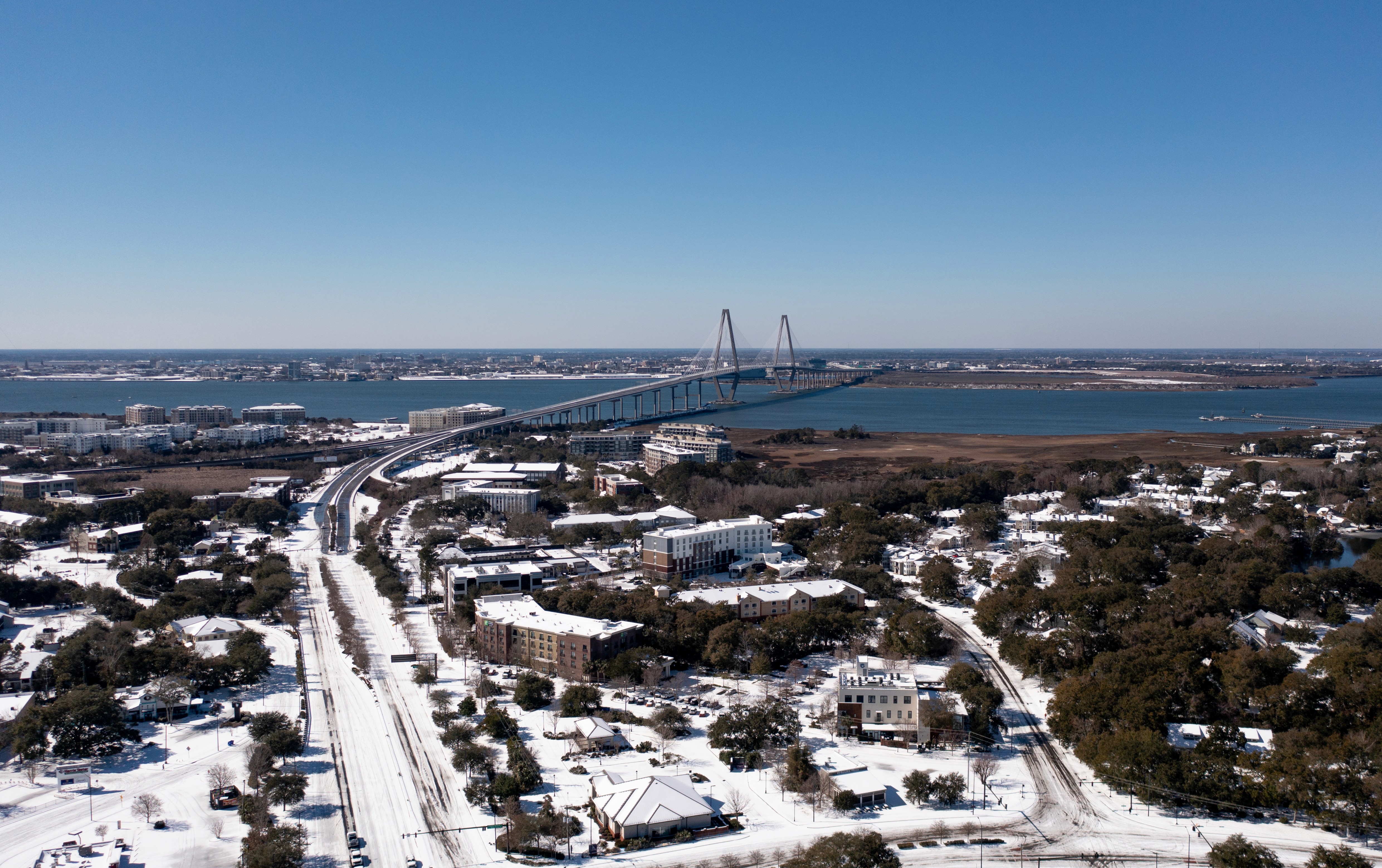 The Ravanel Bridge and Highway 17 in Mt. Pleasant after snow in January of 2025.