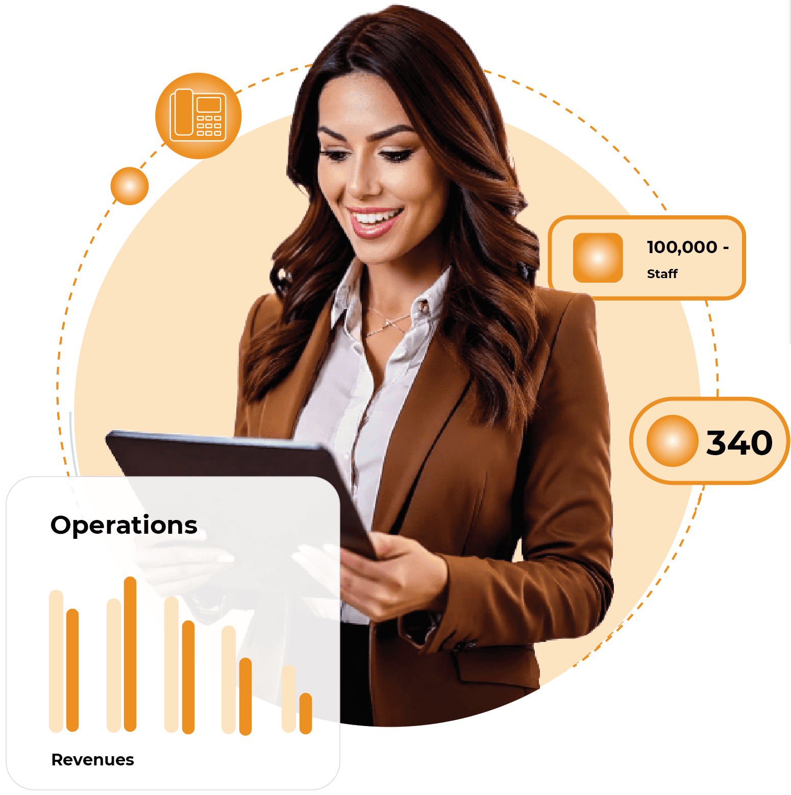 Female Hotel manager in brown jacket looking at messages on her tablet – with orange stat UI items surrounding her in a circle