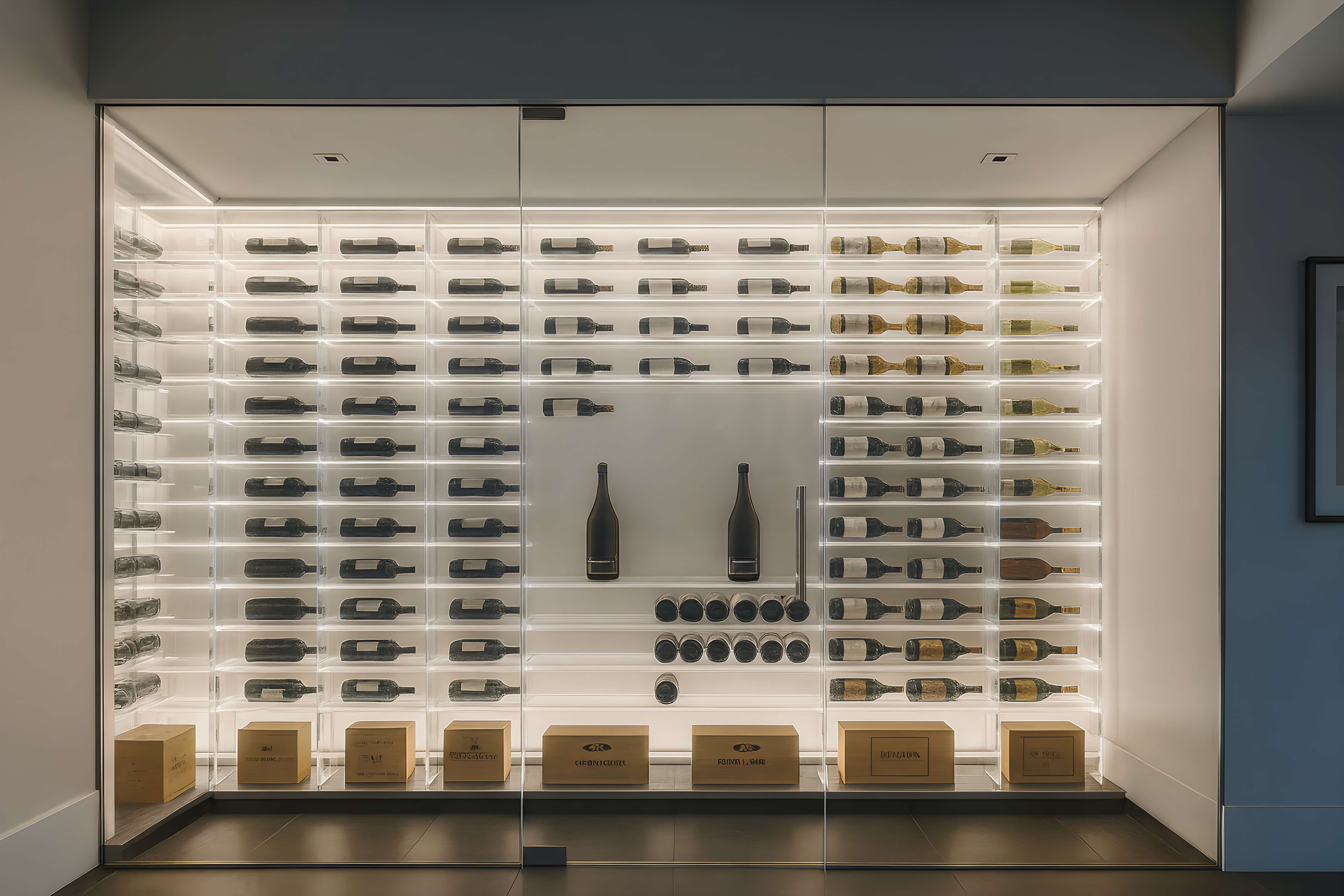 Modern glass-enclosed wine cellar with backlit shelving, showcasing rows of wine bottles, champagne, and wooden display boxes in a sleek, minimalist design.