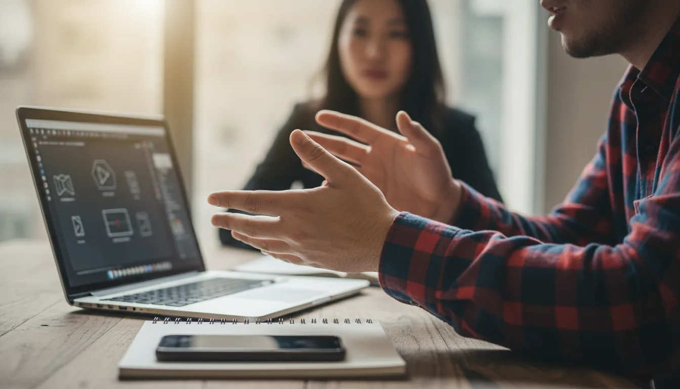 DSLR photography with cinematic contrast and a very shallow depth of field, capturing a close-up, side-angle shot of a person's hands gesturing during a meeting. The man in the foreground wears a red and blue plaid flannel shirt, with his hands in sharp focus. On the table with a prominent wood grain texture, a silver laptop displays the blurred UI of an architectural visualization program, like Unity or Unreal Engine. Next to the laptop sits an open notebook with a black smartphone on top. In the soft bokeh background, an out-of-focus woman with dark hair is visible. The scene is illuminated by soft, natural daylight.