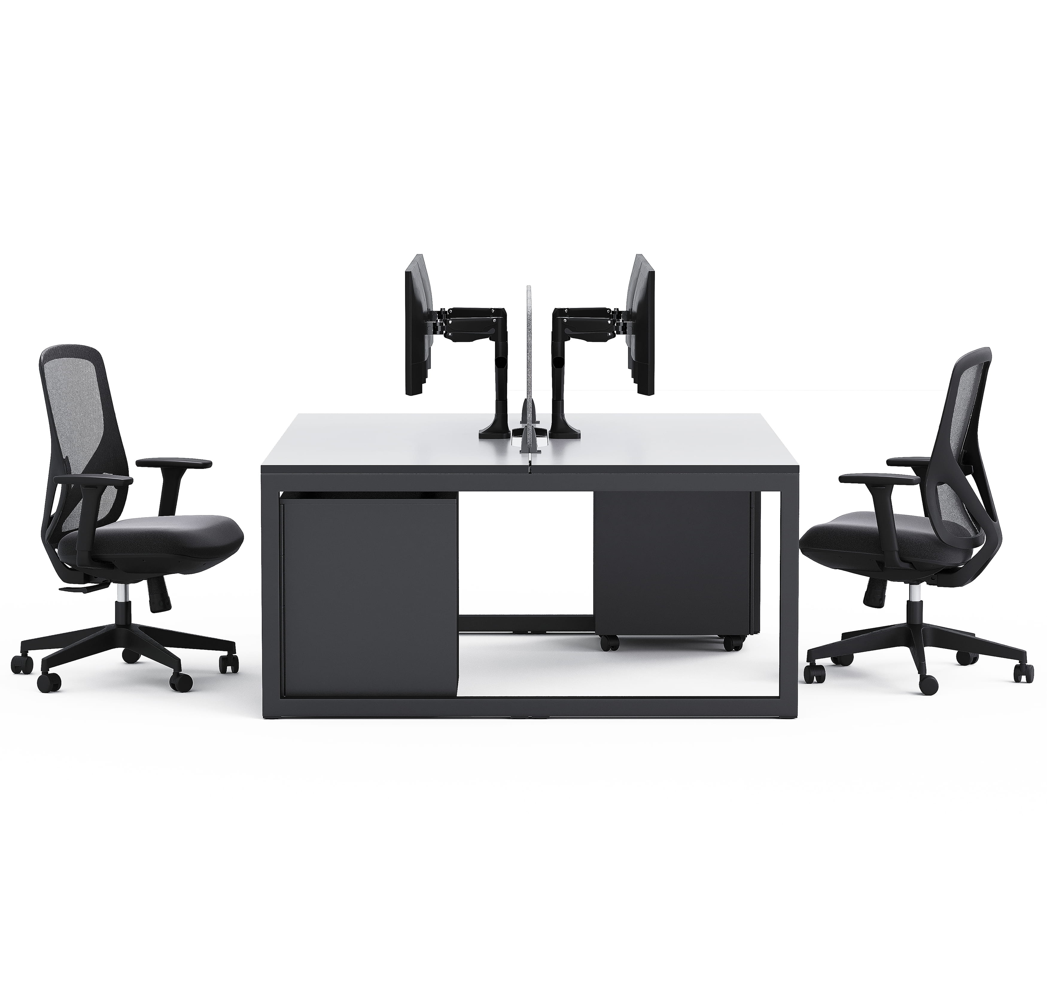 Dual workstation desk with monitor mounts and ergonomic chairs in office setup