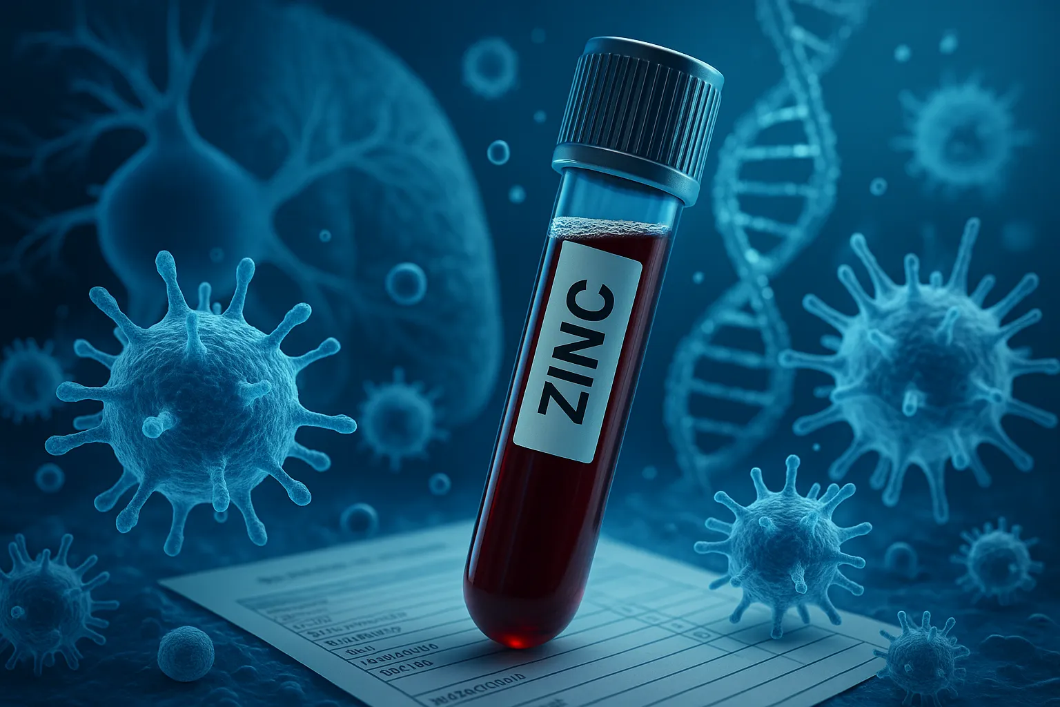 Zinc - Blood tube labeled Zinc surrounded by blue immune cells and a DNA strand on a lab report.