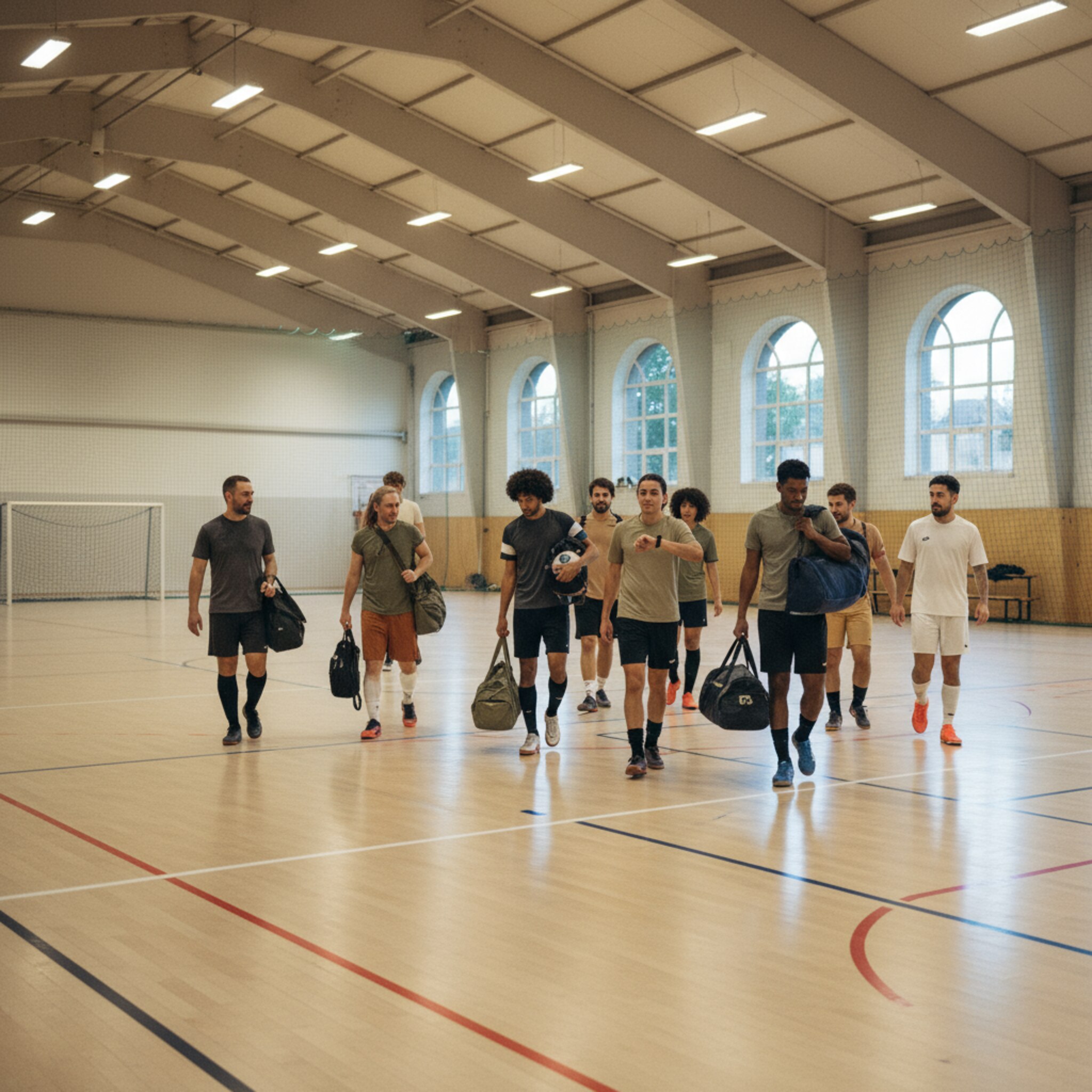 Am frühen Abend trifft eine Freizeitmannschaft mit Taschen am Court ein, das Hallenlicht wird nach und nach heller. Ein benachbarter Platz bleibt frei, ruhig und sauber. Die nummerierten Felder geben klare Orientierung. Die Szene vermittelt Rhythmus zwischen Nachfrage und Verfügbarkeit.