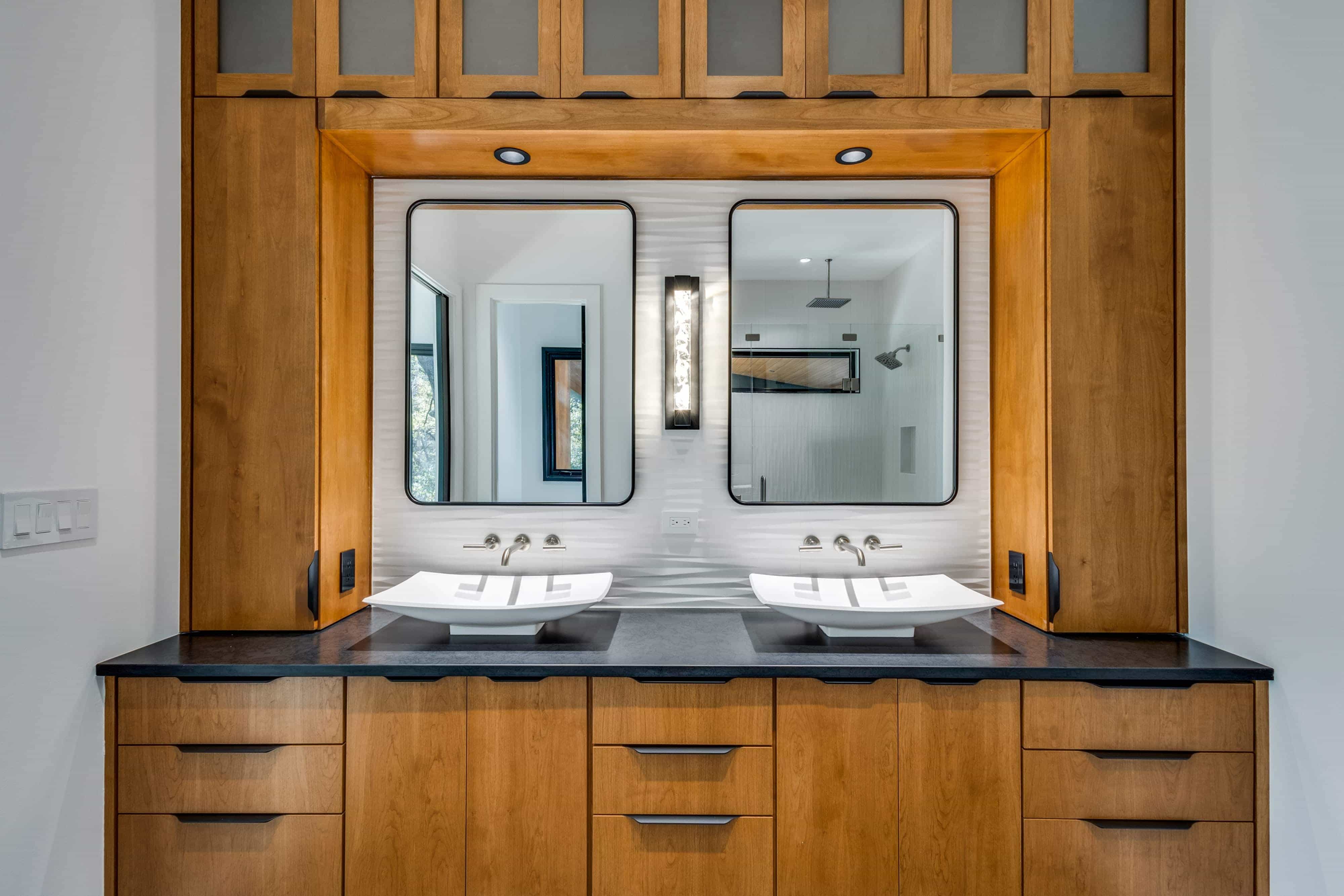 modern lake house master bathroom construction