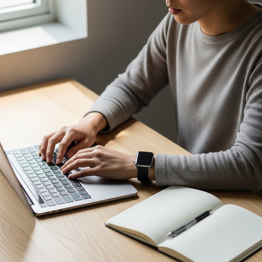 Person working on laptop placed on a table
