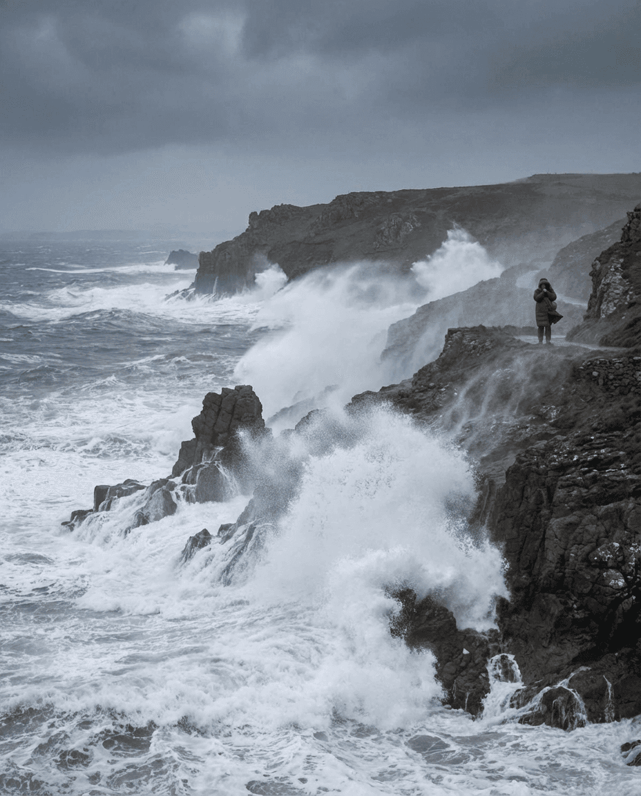 Powerful winds and crashing waves along a UK coastline during Storm Bram.