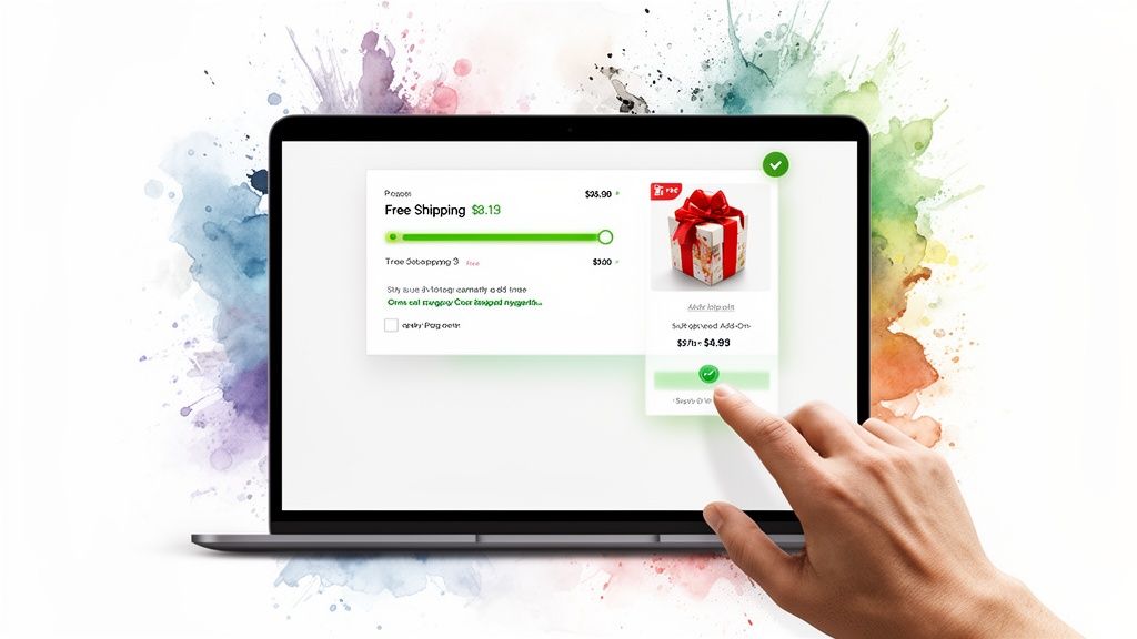 A hand interacts with a laptop screen displaying an e-commerce page with a gift add-on upsell option.