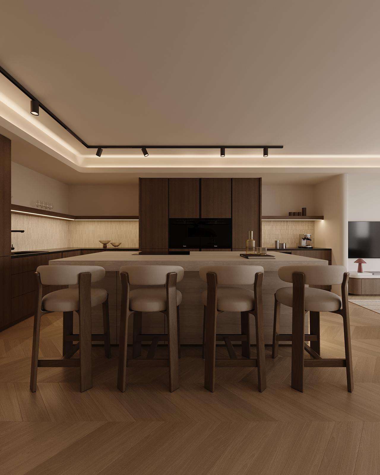 Modern dining area with a wooden table and chairs, warm lighting, and a cozy atmosphere.