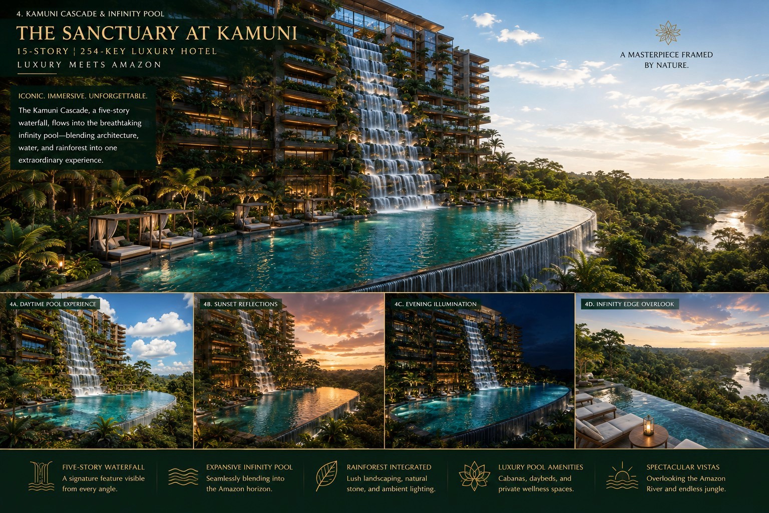 Conceptual rendering of Kamuni Cascade, infinity pool, and Sanctuary exterior