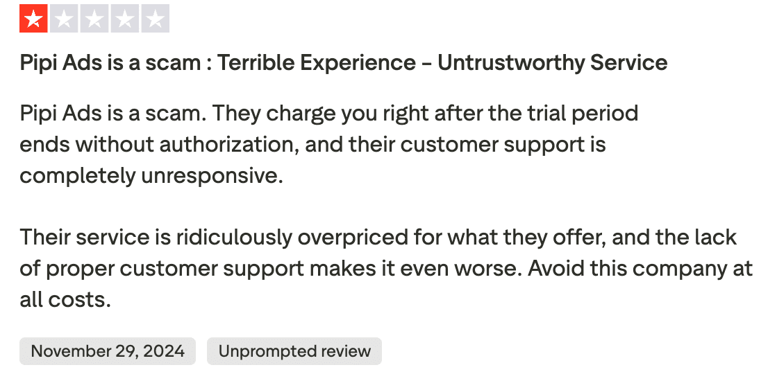 Negative review of Pipi Ads about customer support and billing