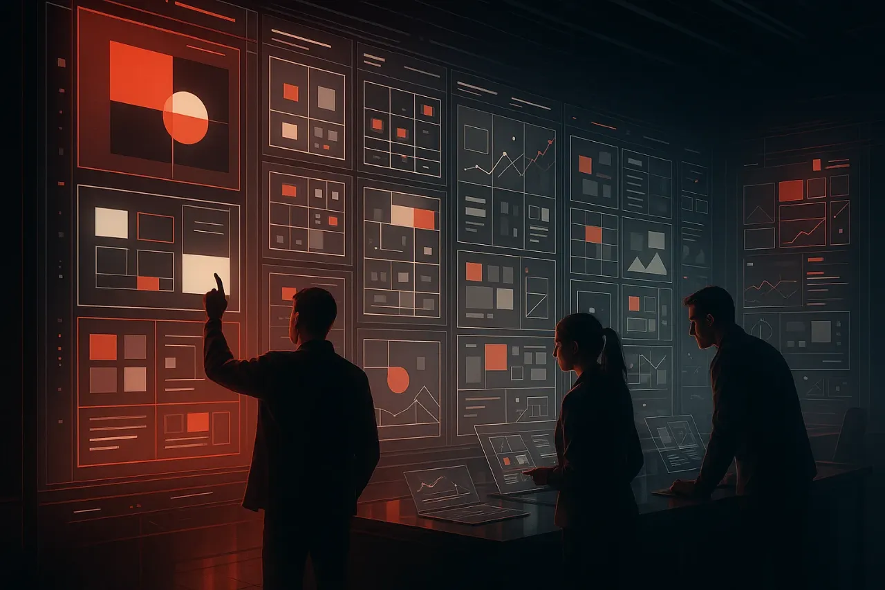 "RockN' Socials team analyzing data on large screens, digital marketing focus."
