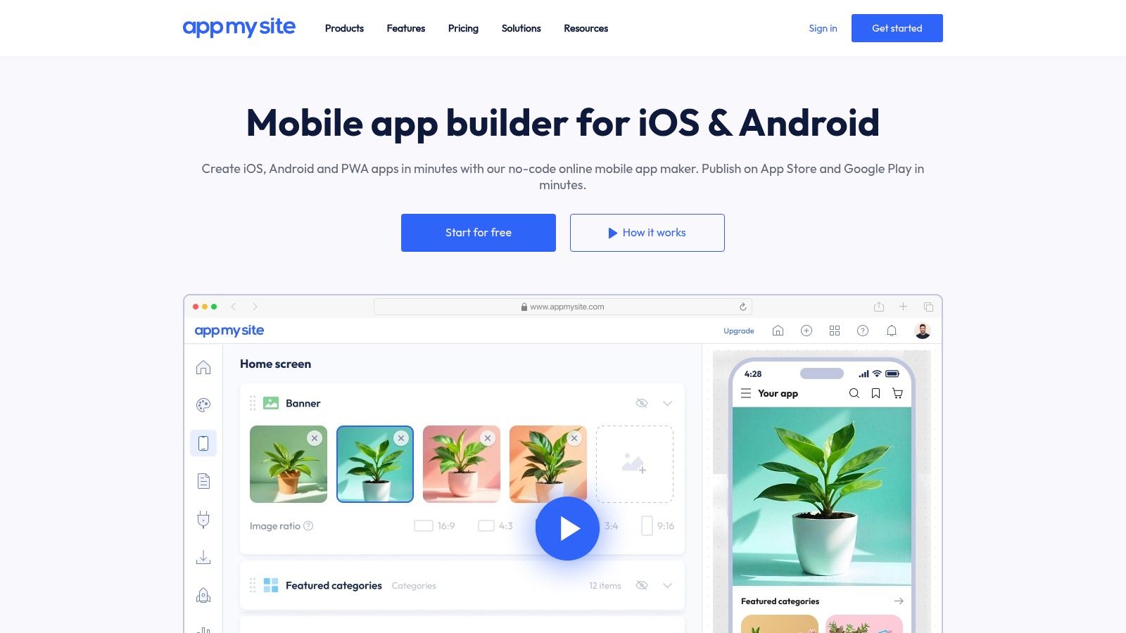 AppMySite interface showing website to app conversion