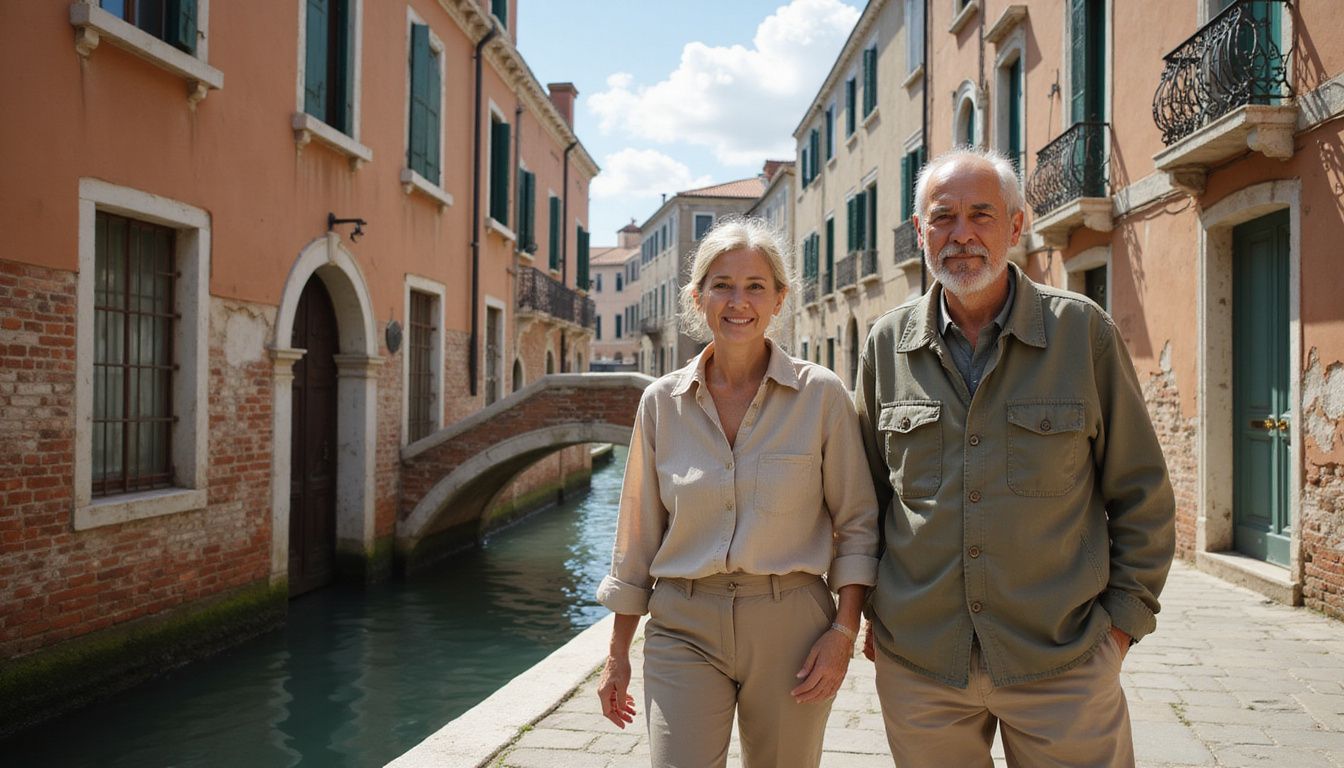 An elderly couple strolls peacefully along a serene Venetian canal.