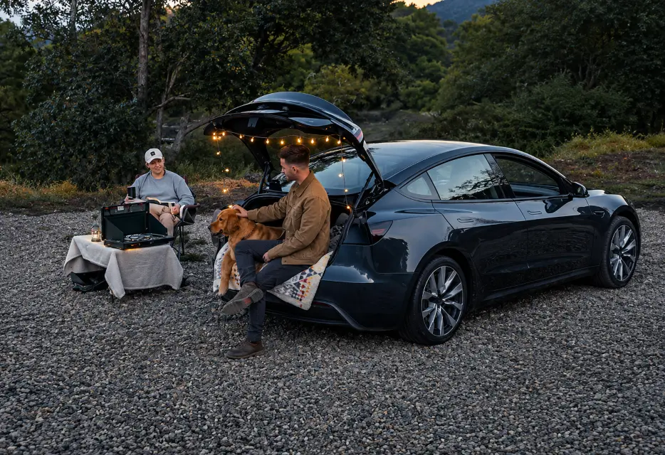 Acampamento com carro e cachorro.