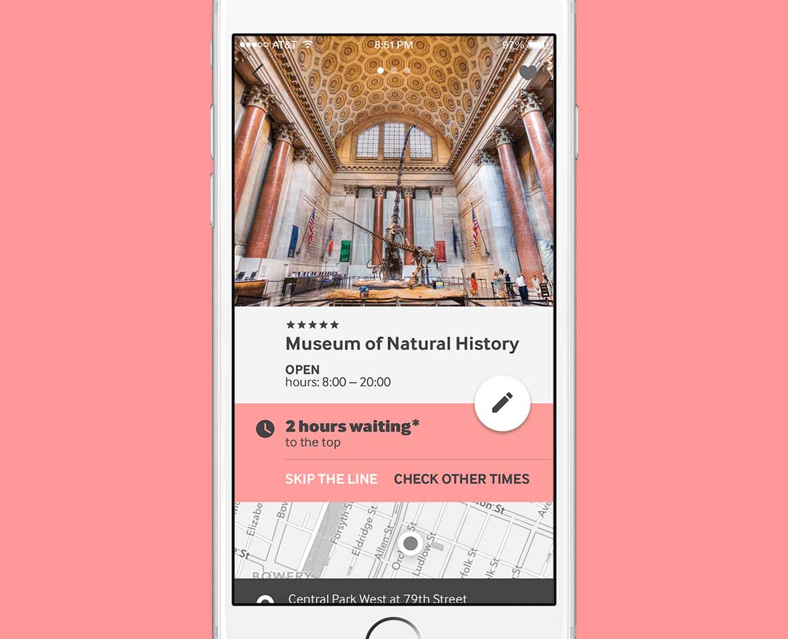 A smartphone displays a Google Maps screenshot showing the Museum of Natural History. The museum is open from 8:00 to 20:00, indicated by a white circle with a black dot inside. The top of the screen displays a five-star rating and a white circle with a black pen icon. Below, a pink banner reads “2 hours waiting” with “to the top line” and “check other times” in white text. A map of Central Park West at 79th Street is visible at the bottom of the screen.