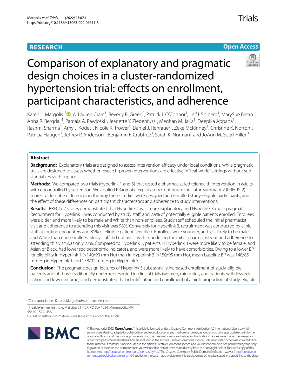 First page of Comparison of explanatory and pragmatic design choices in a cluster-randomized hypertension trial: effects on enrollment, participant characteristics, and adherence