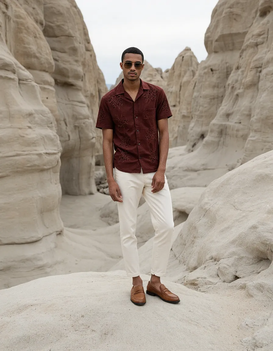 Stylish outfit featuring burgundy patterned shirt and white pants against dramatic beige canyon rock formations under soft lighting.