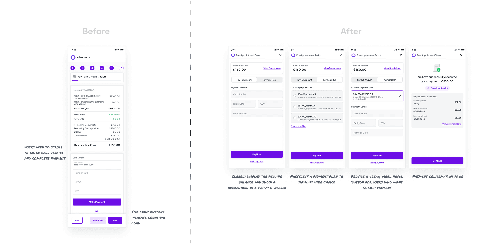 before and after ui screens of the payment section with annotation of design thinking.