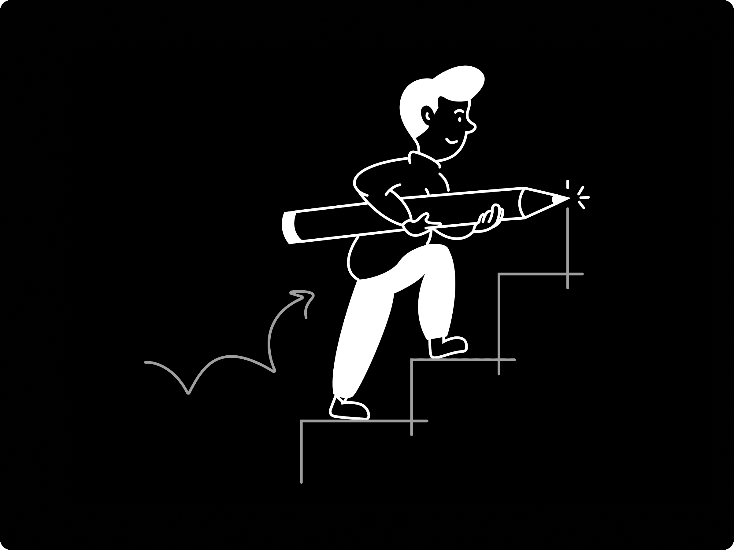 Иллюстрация, на которой изображен человек, поднимающийся по лестнице с большим карандашом в руке, на черном фоне, символизирующем творчество и прогресс. Стрелка, направленная вверх, указывает направление движения.
