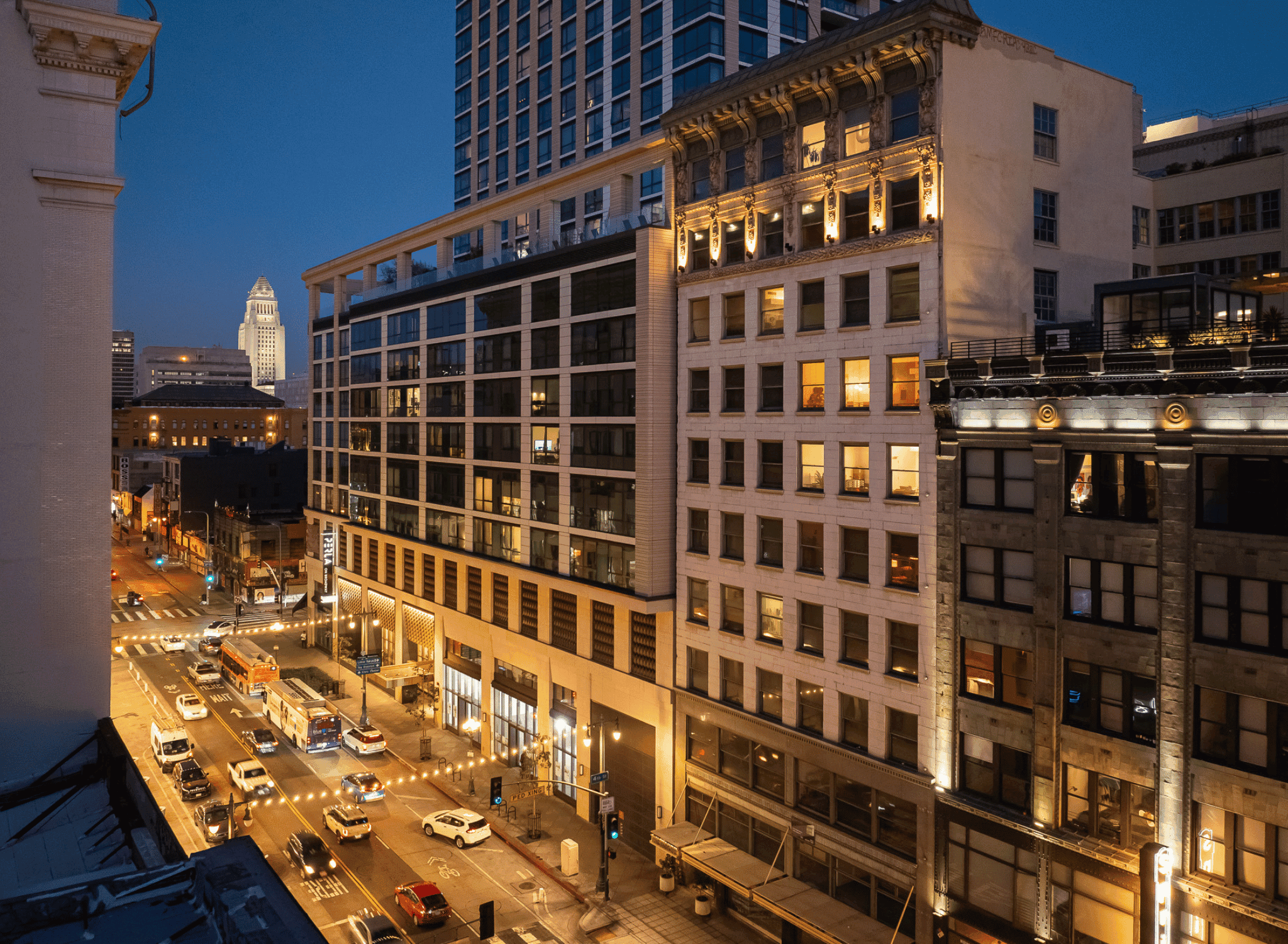 Aerial view overlooking The Judson and the Historic Core in Downtown Los Angeles.