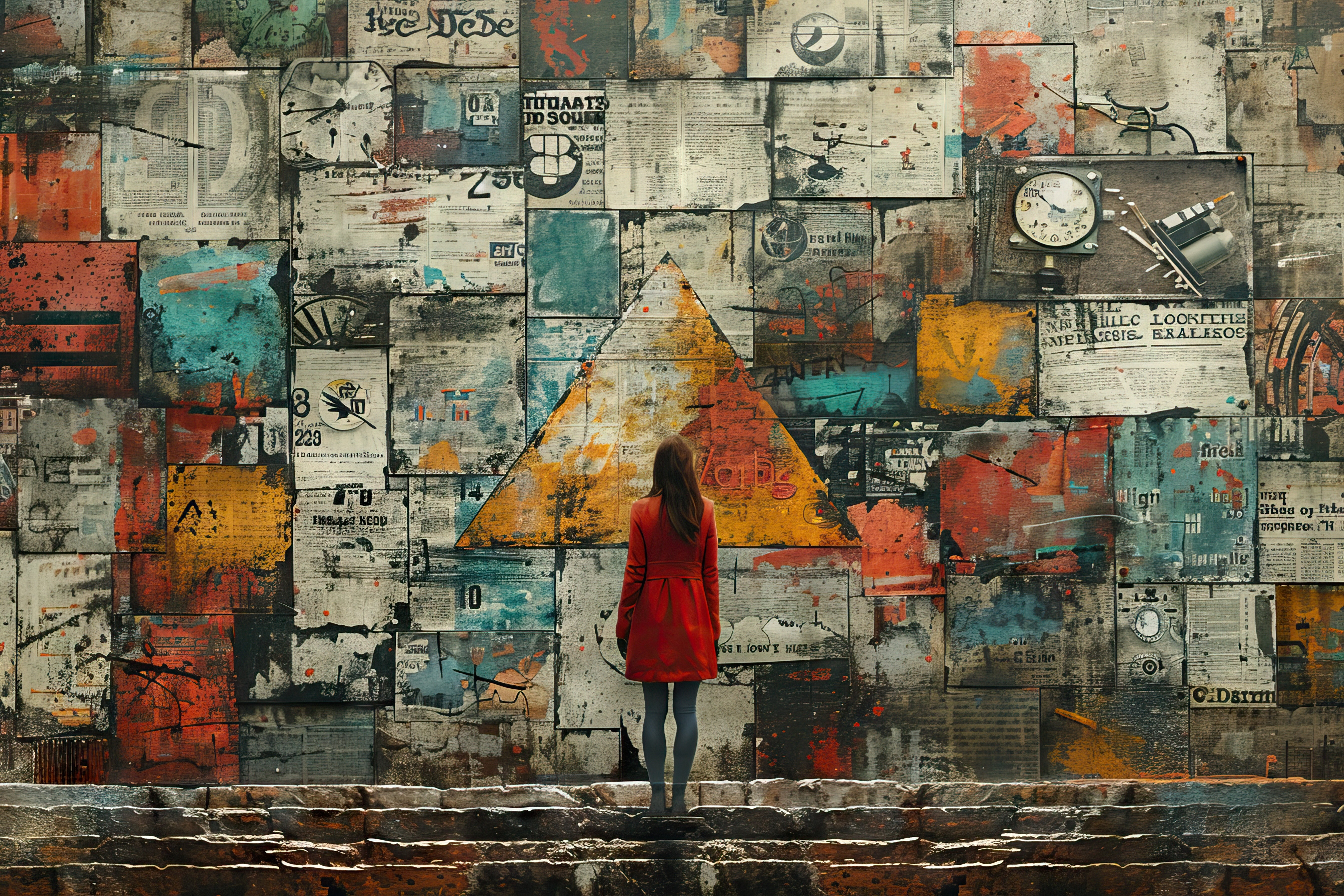 A woman in a red coat stands on stone steps facing a huge collage wall of posters, graphics, and abstract shapes, symbolizing content overload and the need for human judgment in brand storytelling.