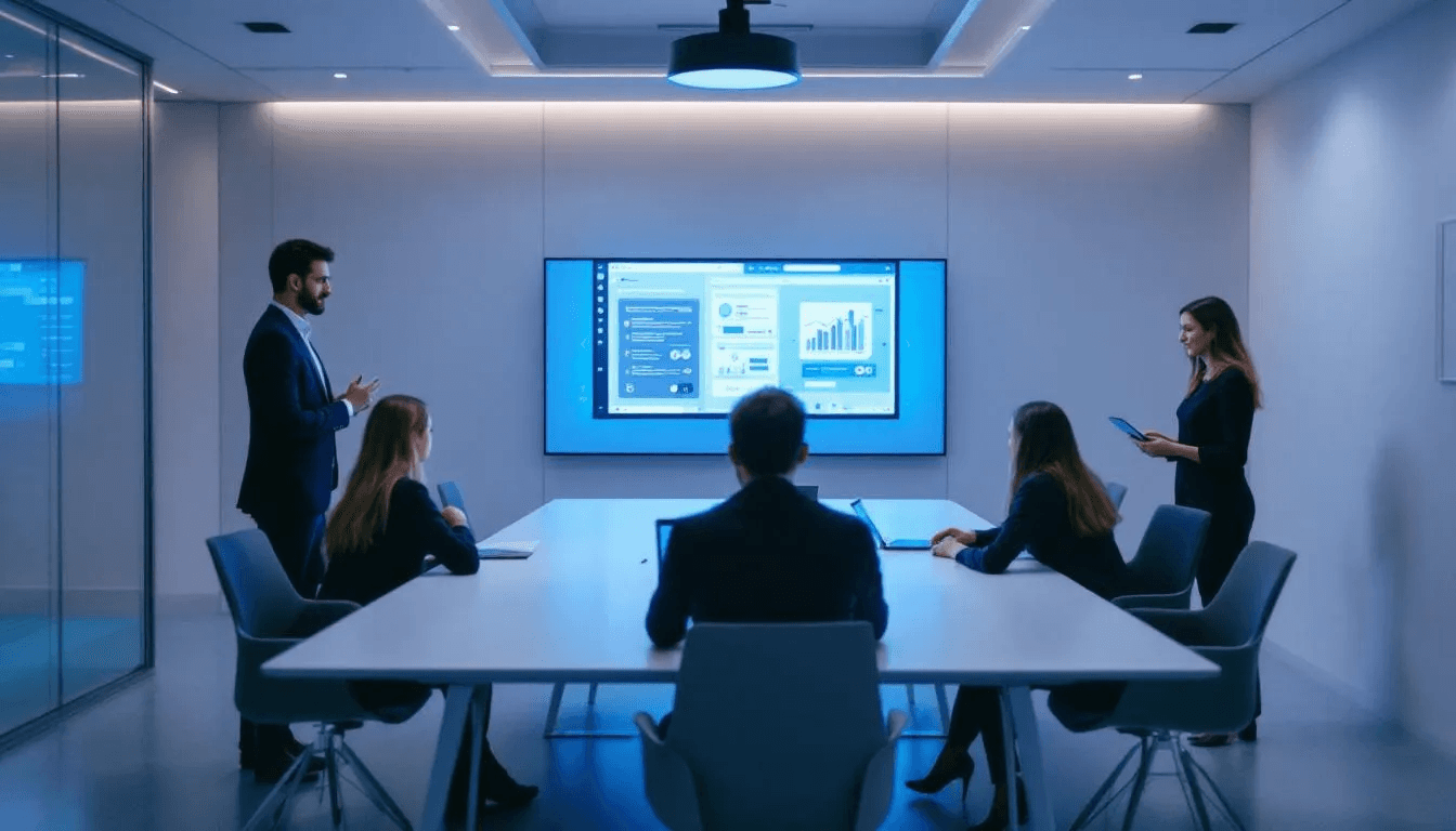 Une équipe de formateurs et d'apprenants se trouve dans une salle de formation moderne, équipée d'écrans interactifs, illustrant un environnement d'apprentissage dynamique et collaboratif. Cette scène met en avant les principes du digital learning et du blended learning, favorisant le développement des compétences des participants.