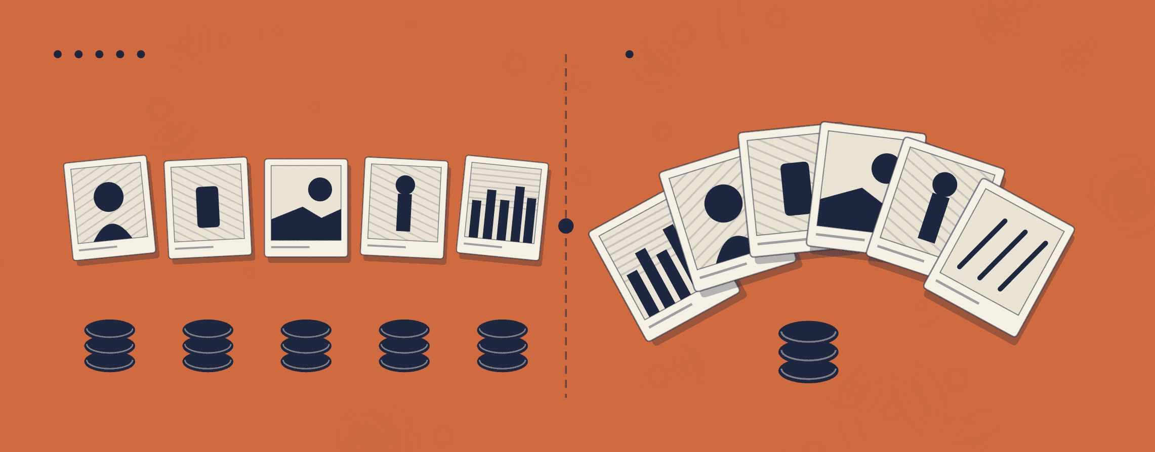 Engraved diagram on burnt orange: five separate one-off setups, each a navy cost stack yielding a single print, versus one content-day setup yielding a full fan of prints — pay the overhead five times or once. Raised Media Co.
