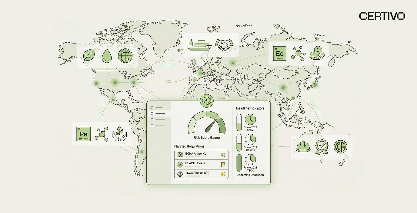 Certivo Rapid Risk Assessment Tool dashboard showing global regulatory exposure map with risk scoring and compliance deadline indicators for manufacturers
