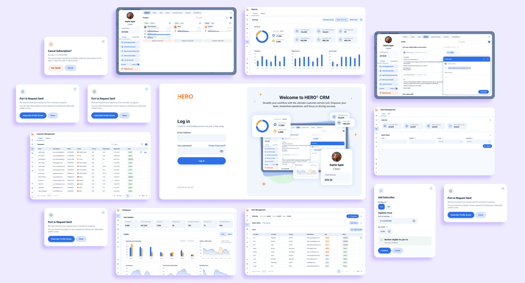 A collection of interface designs for a platform named 'Hero,' showcasing various administrative and management features. 