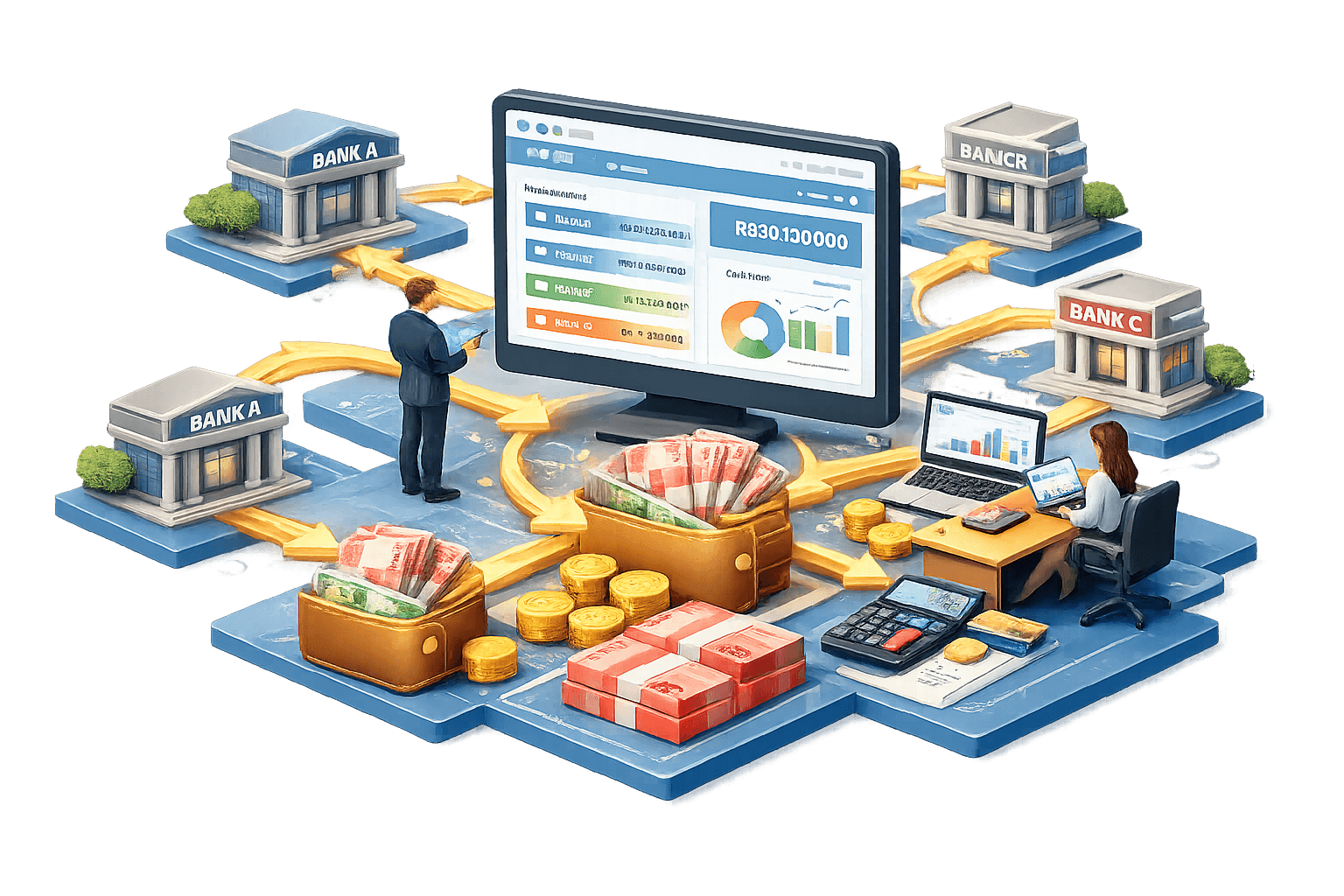 Ilustrasi rekonsiliasi dan orkestrasi arus dana antar‑bank berbasis dashboard analitik. Di tengah, monitor besar menampilkan ringkasan saldo dan grafik (termasuk nilai sekitar Rp30.100.000) dengan status berwarna. Beberapa bank (Bank A, Bank B, Bank C) terhubung melalui panah alur emas menuju pusat analitik, menandakan konsolidasi transaksi.  Di bagian depan terlihat dompet berisi uang, tumpukan koin, dan paket uang sebagai representasi kas. Di kanan, seorang analis bekerja dengan laptop, kalkulator, dan tablet untuk verifikasi. Visual menggambarkan monitoring real‑time, rekonsiliasi multi‑bank, dan pengambilan keputusan keuangan yang terpusat dan terkontrol.