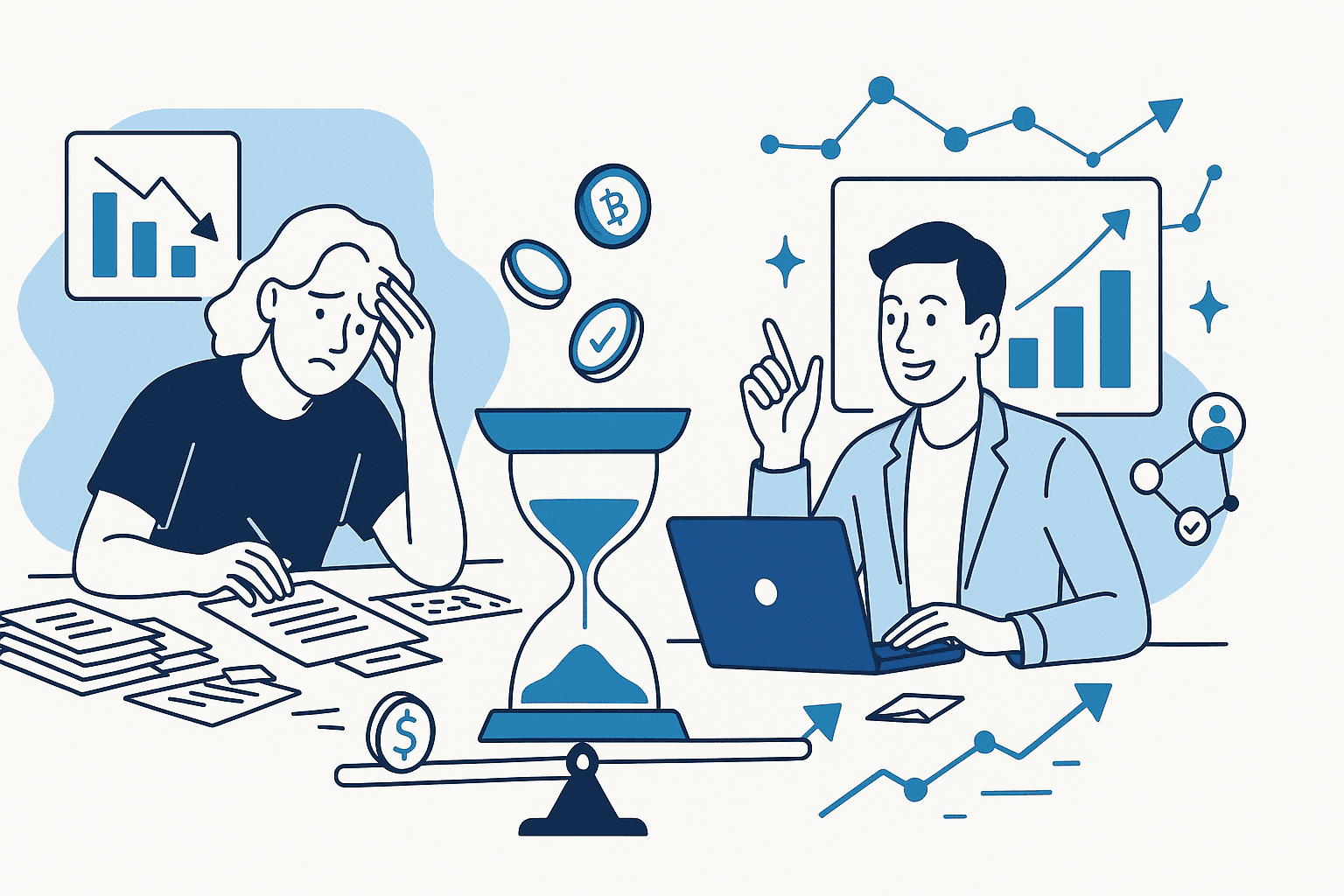 A split scene showing a frustrated person and a confident speaker presenting data charts on a laptop.