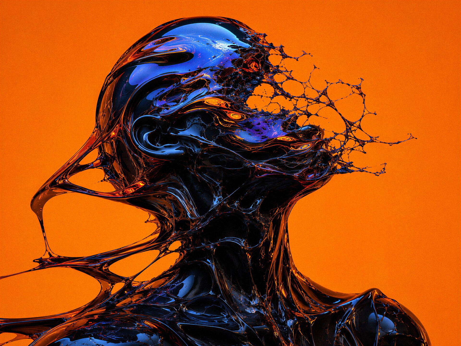 Abstract post-human figure made of glossy black liquid metal dissolving into fragmented mesh structures against a vivid orange background, symbolizing anxiety, identity erosion, layoffs, and the psychological impact of AI hype culture in the article “The Violence of Hype and the Slow Invisibling” by Methodborne.