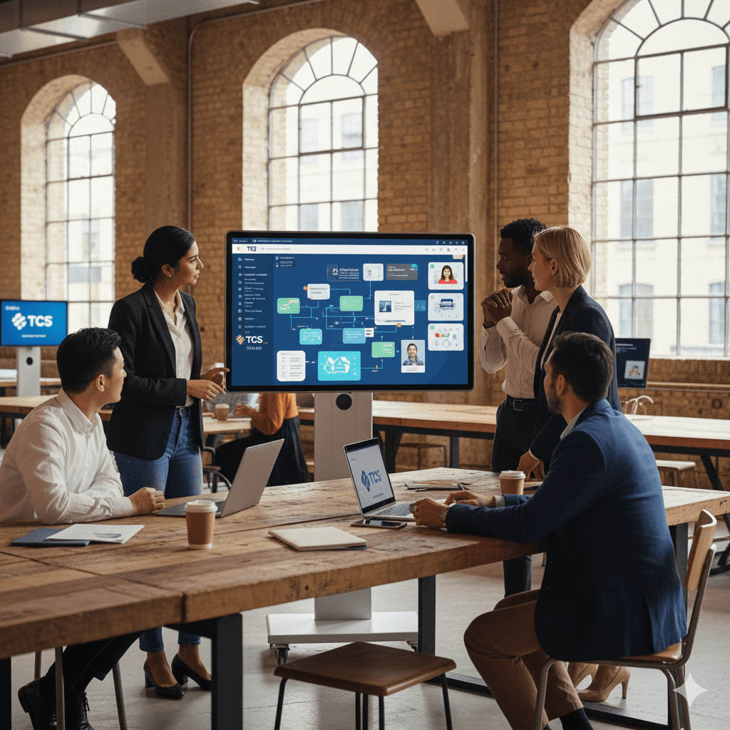 A group of professionals collaborates in a modern office, discussing strategies displayed on a digital presentation board showcasing TCS Pace Miro platform.