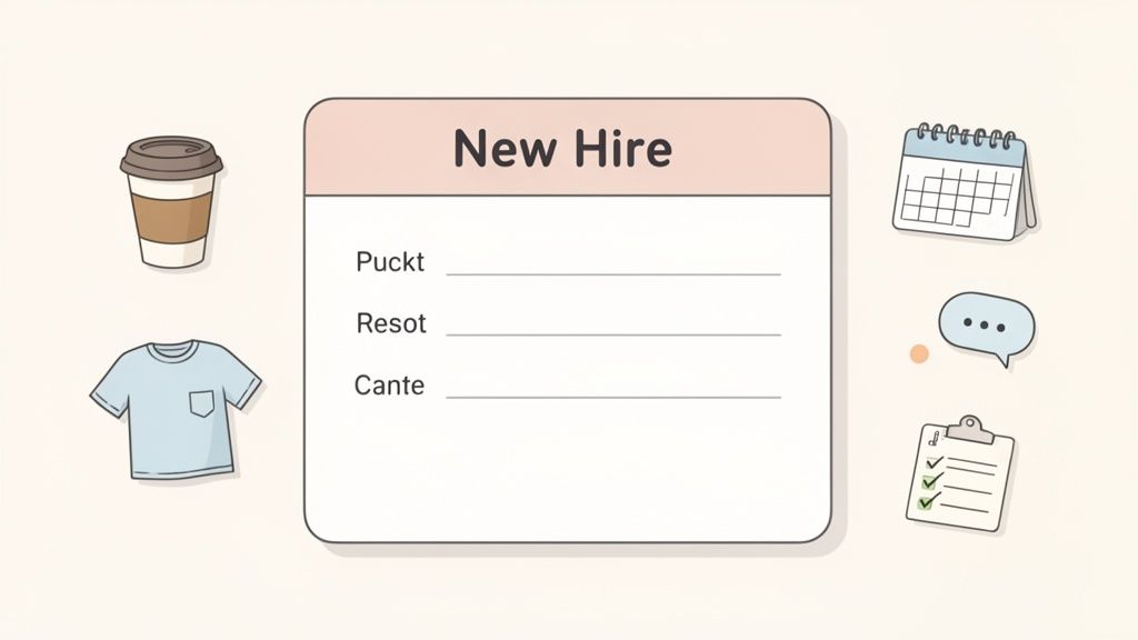 A 'New Hire' form listing names with surrounding icons like coffee, t-shirt, calendar, and checklist.