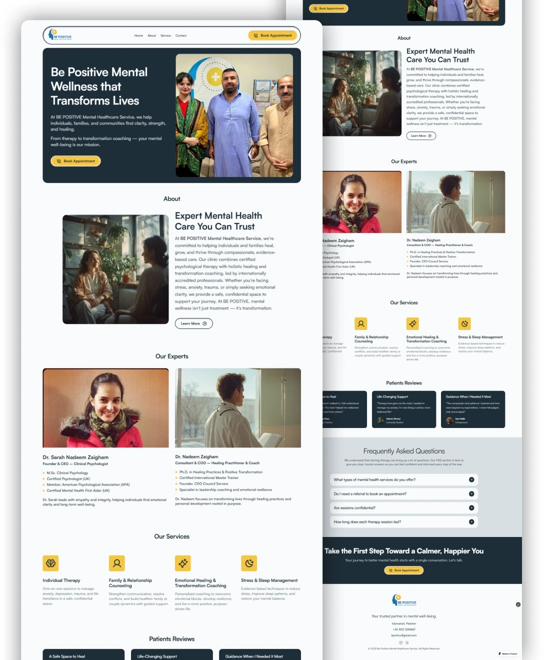 The image shows a mental healthcare website design with various sections, including service descriptions, expert profiles, testimonials, and a call to action, all aimed at promoting mental wellness and expert care solutions.