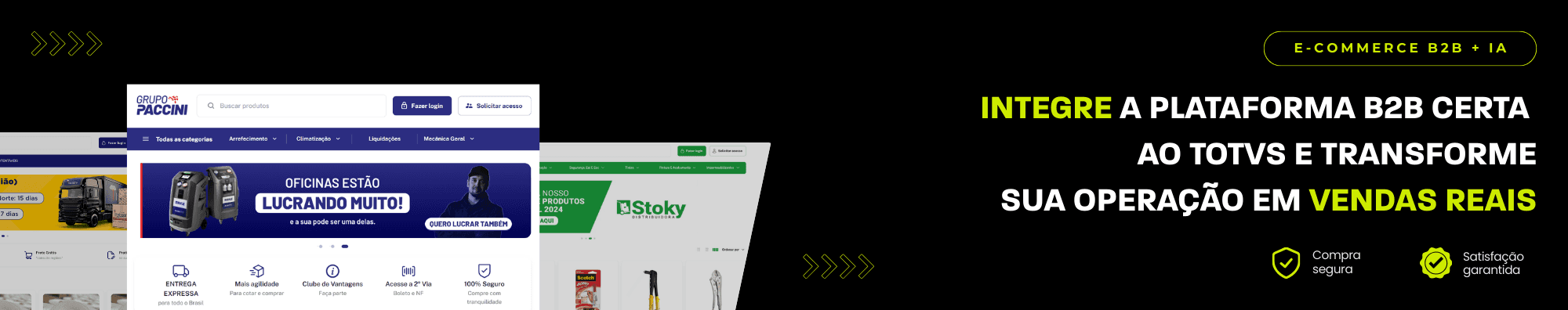 Banner horizontal com fundo escuro, ícones de segurança e satisfação, e imagens de lojas B2B exibidas à esquerda. Elementos gráficos em verde destacam o tema de e-commerce B2B com IA.