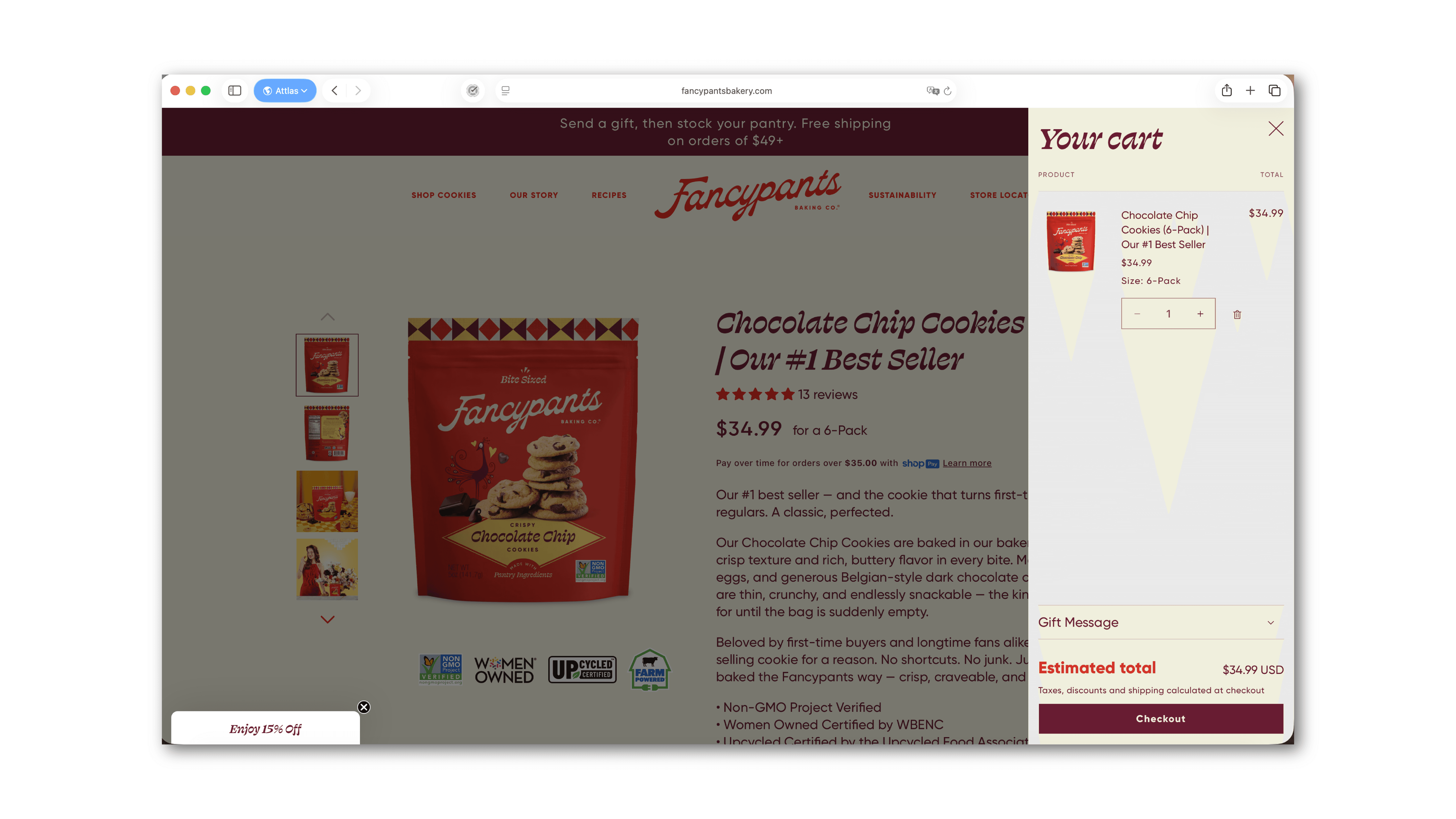 Cookie ecommerce product page with cart sidebar, pricing, reviews, and checkout button.