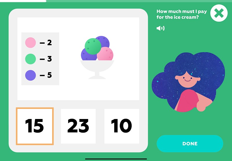 Counting money: add the prices of ice cream parts to find the total cost