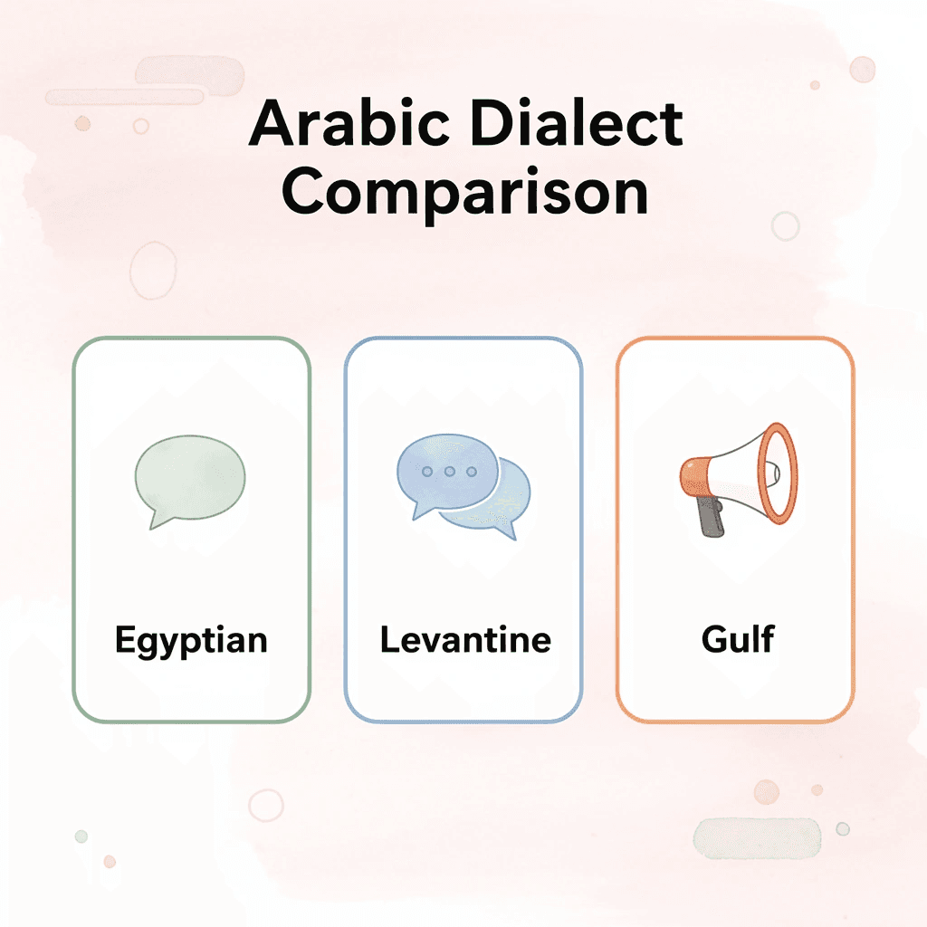 Infographic showing three main Arabic dialects with examples