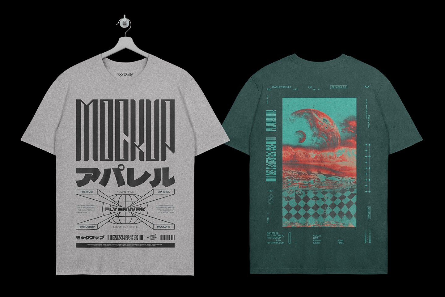 Stanley Stella Creator T-Shirt Hanging mockup showing front and back design preview