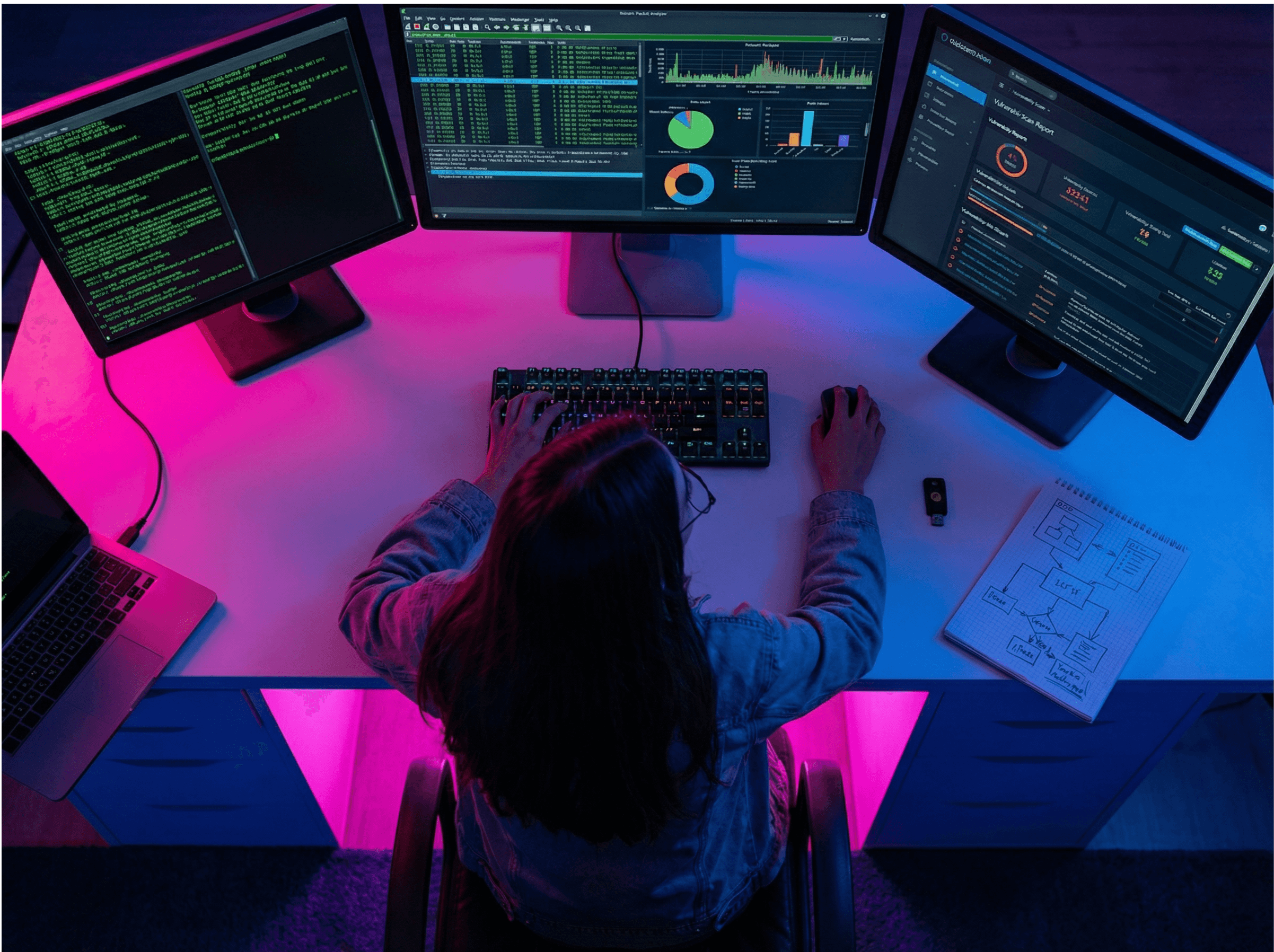 A person in a dimly lit music studio wears headphones and operates a mixing console, surrounded by keyboards and a computer, under vibrant red and blue lighting.