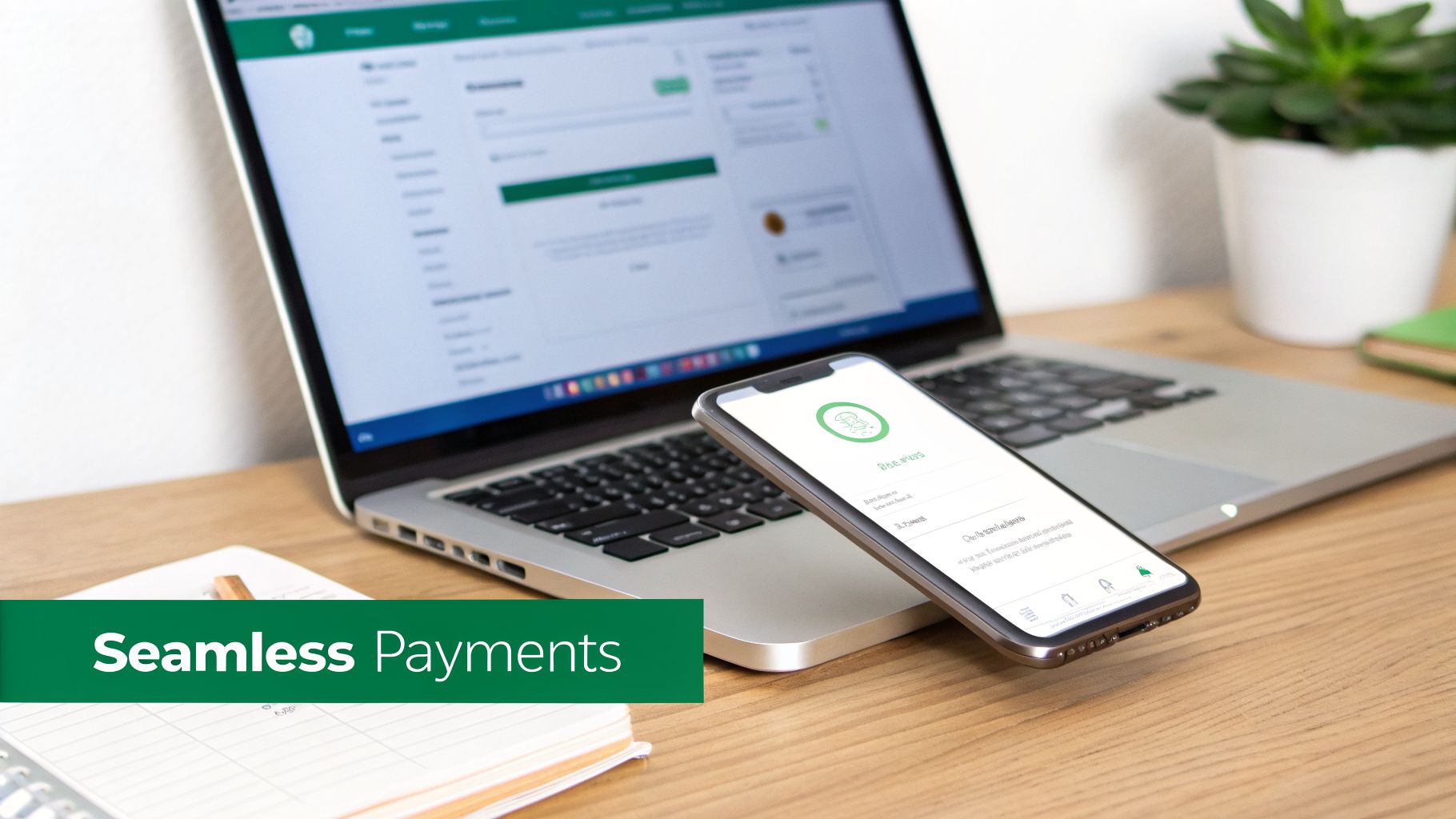 A laptop and smartphone on a wooden desk showing payment interfaces for seamless transactions.