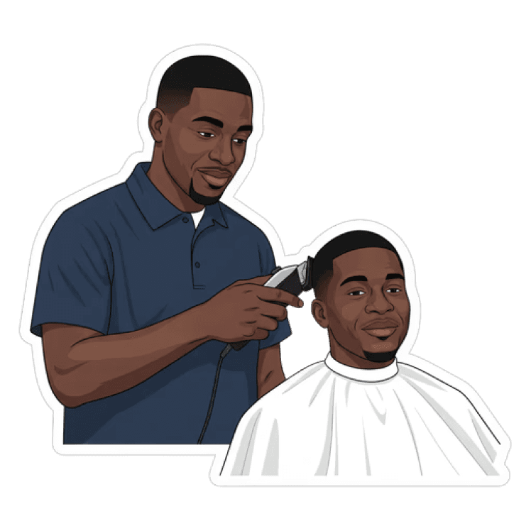 Illustration of a barber cutting a client’s hair for barber bookings on Bukeen